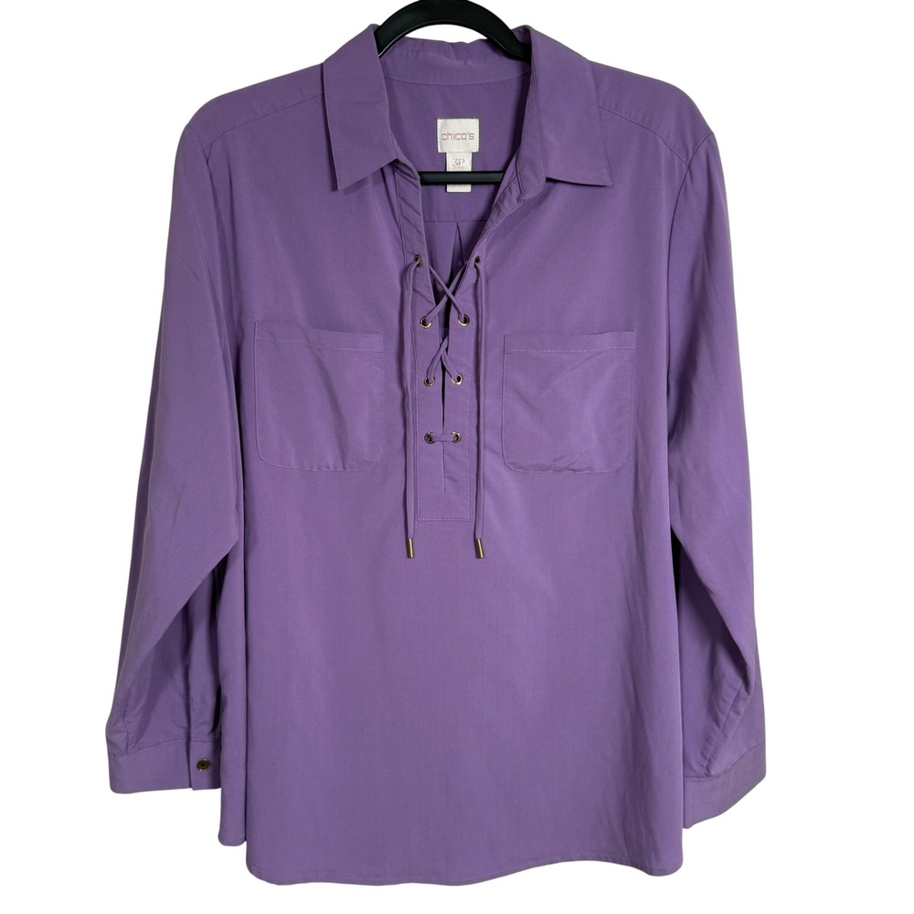 Chico's Lace-Up Tunic Blouse Modal Blend XL 16P Boho Peasant V-Neck Grommet